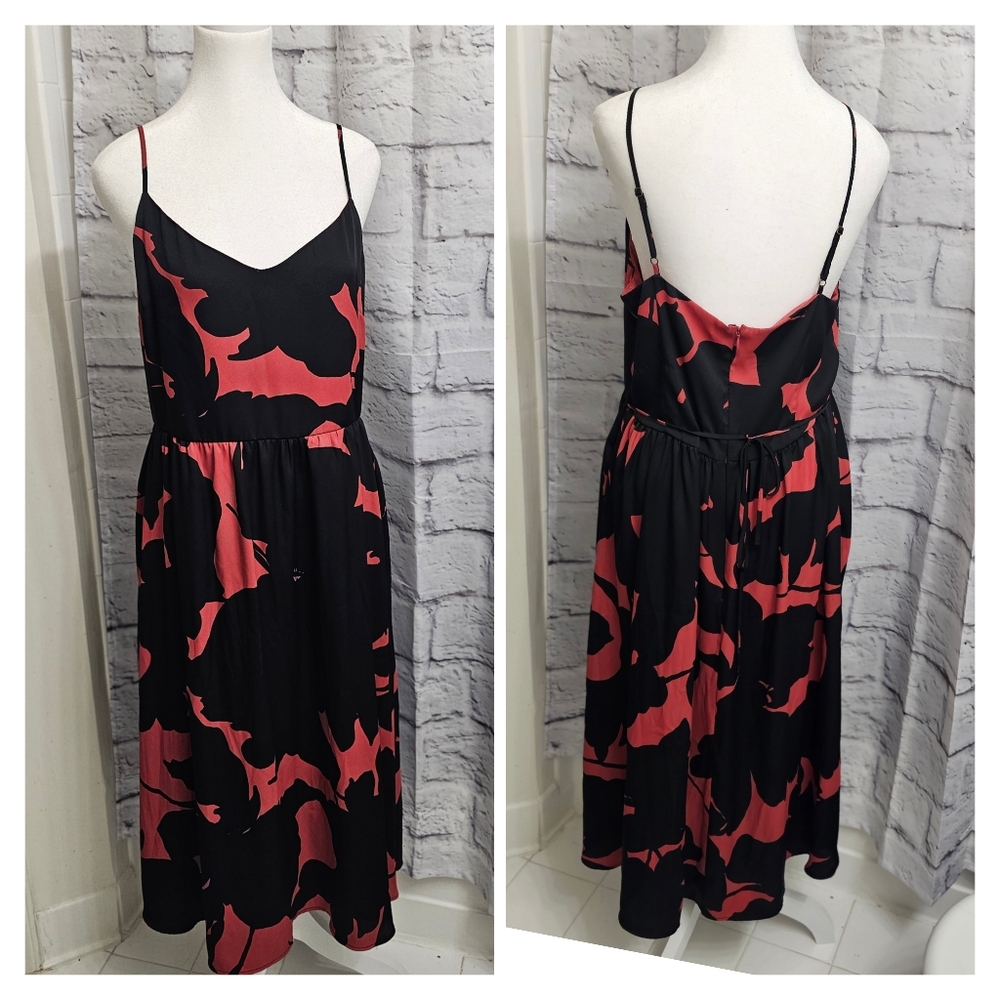 LOFT Black And Pink Midi dress With Floral Print And Vee Neckline